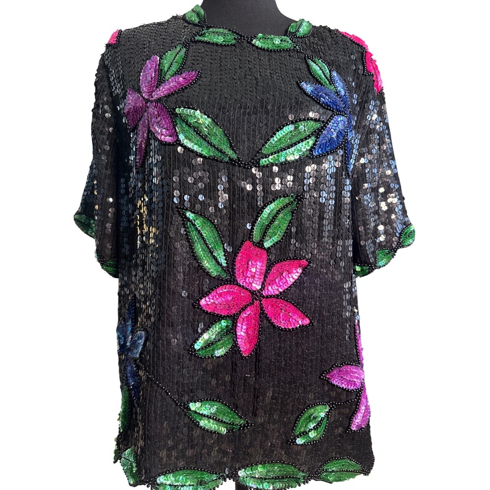 Vintage Stenay Silk Sequin Floral Beaded Top Black Pink Green Short Sleeve M